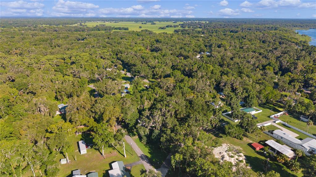 An aerial view shows a wooded residential area with scattered houses and a nearby lake — 1975 E CR412 ROAD, LAKE PANASOFFKEE, FL