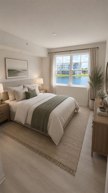 This rendering shows a bedroom with a queen bed, neutral decor, and a lake view — 5579 MILLENIA PARK BOULEVARD UNIT 201, ORLANDO, FL