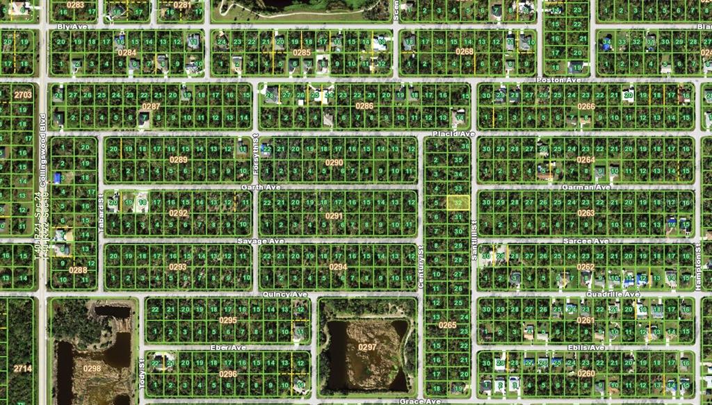 This is a satellite map view of a residential neighborhood with grid-patterned streets and lots — 3303 SANTILLI STREET, PORT CHARLOTTE, FL
