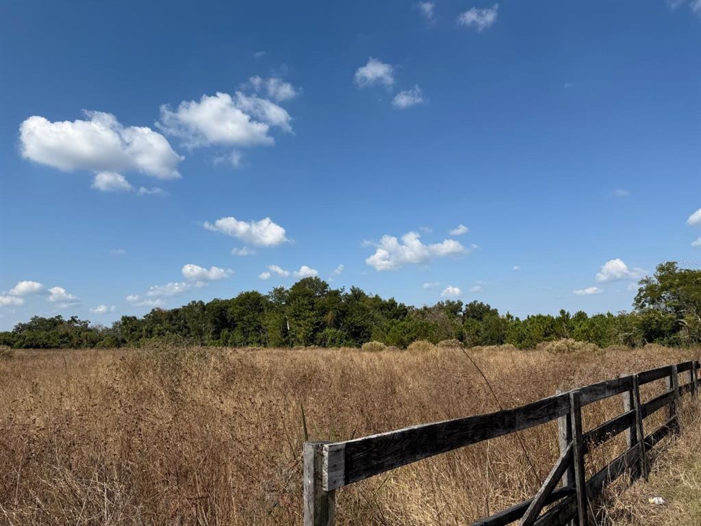 A wooden fence borders a dry, grassy field in front of a line of trees — 12828 FORT KING HIGHWAY, THONOTOSASSA, FL