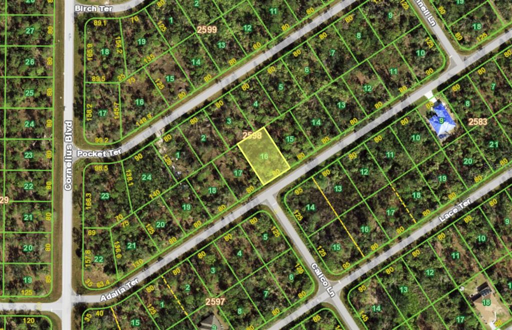This is a satellite map showing a highlighted vacant residential lot in a wooded subdivision — 1465 ADALIA TERRACE, PORT CHARLOTTE, FL