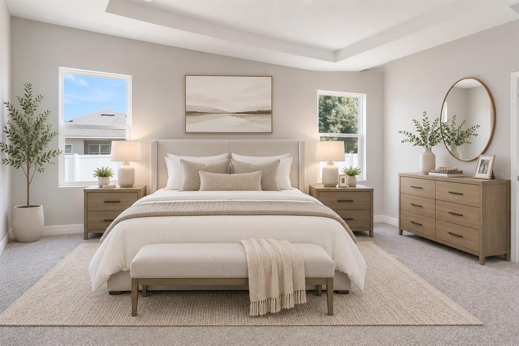 This is a digital rendering of a neutral-toned bedroom featuring a bed, dresser, and windows — 4843 SW 131ST PLACE, OCALA, FL