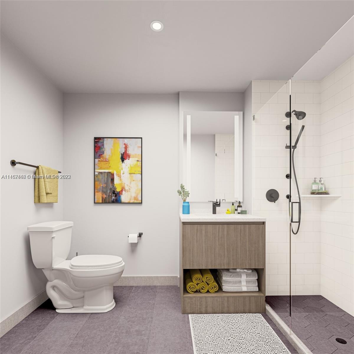This is a rendering of a modern bathroom with a walk-in shower and vanity — 398 NE 5th St # 1614, Miami FL 33132, MIAMI, FL