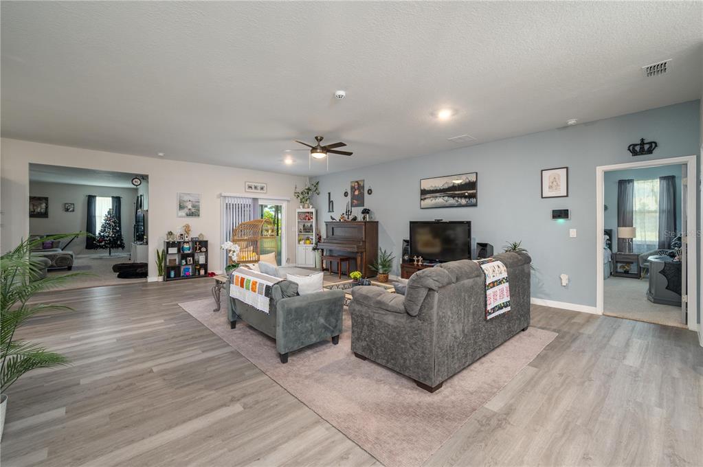 A living room features gray wood-look flooring, a large area rug, and a piano — 182 WOODSTORK WAY, FROSTPROOF, FL