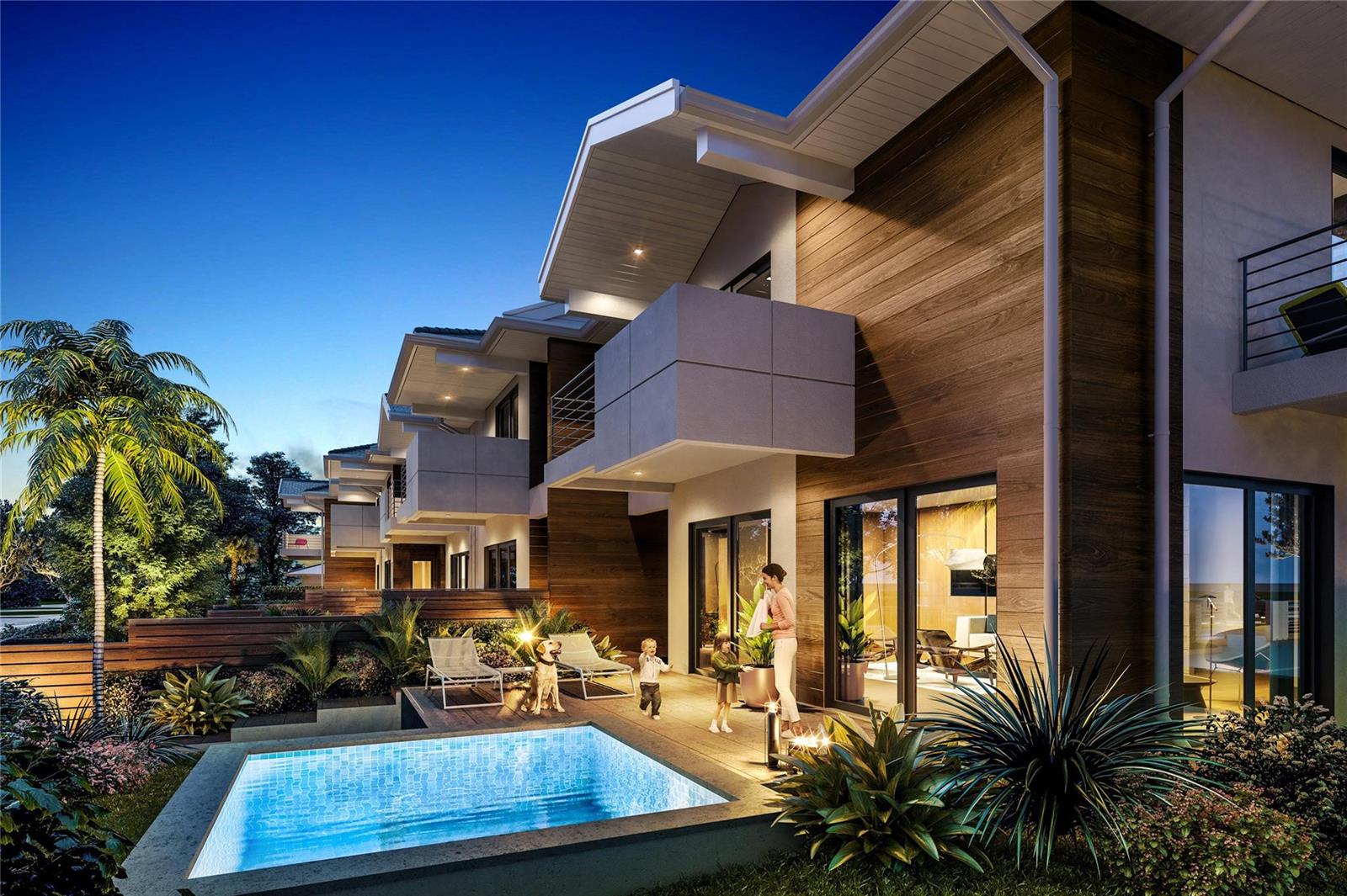 This architectural rendering shows a modern multi-story home exterior with a private pool and patio — 3869 NE 23rd Avenue # 5, Lighthouse Point FL 33064, LIGHTHOUSE POINT, FL