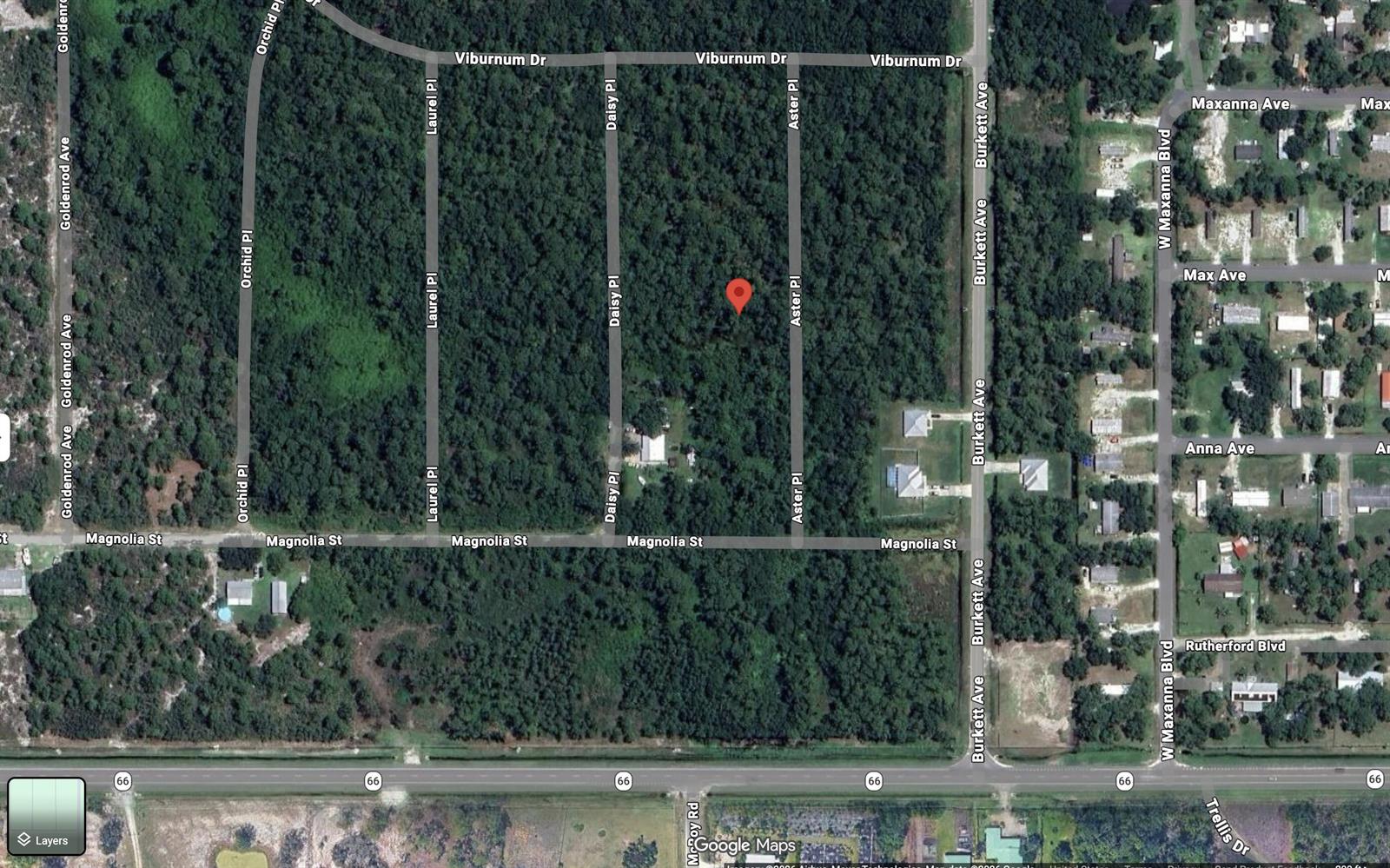 This is a satellite map view showing a wooded area with residential streets and a red location pin — 7019 Aster Place, Sebring FL 33875, SEBRING, FL