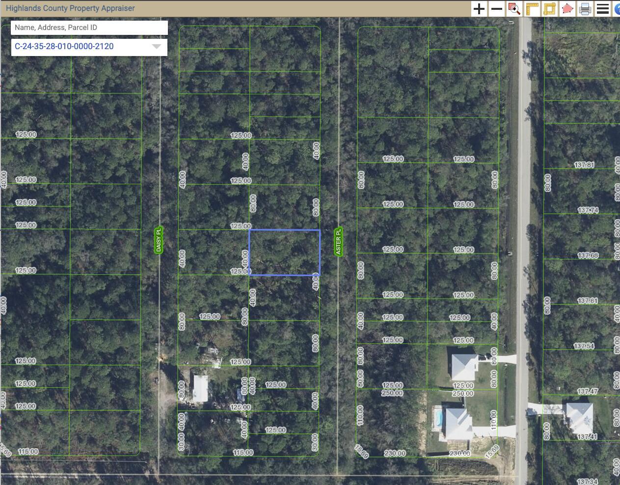 This is a property map showing a highlighted rectangular parcel of land in a wooded area — 7019 Aster Place, Sebring FL 33875, SEBRING, FL