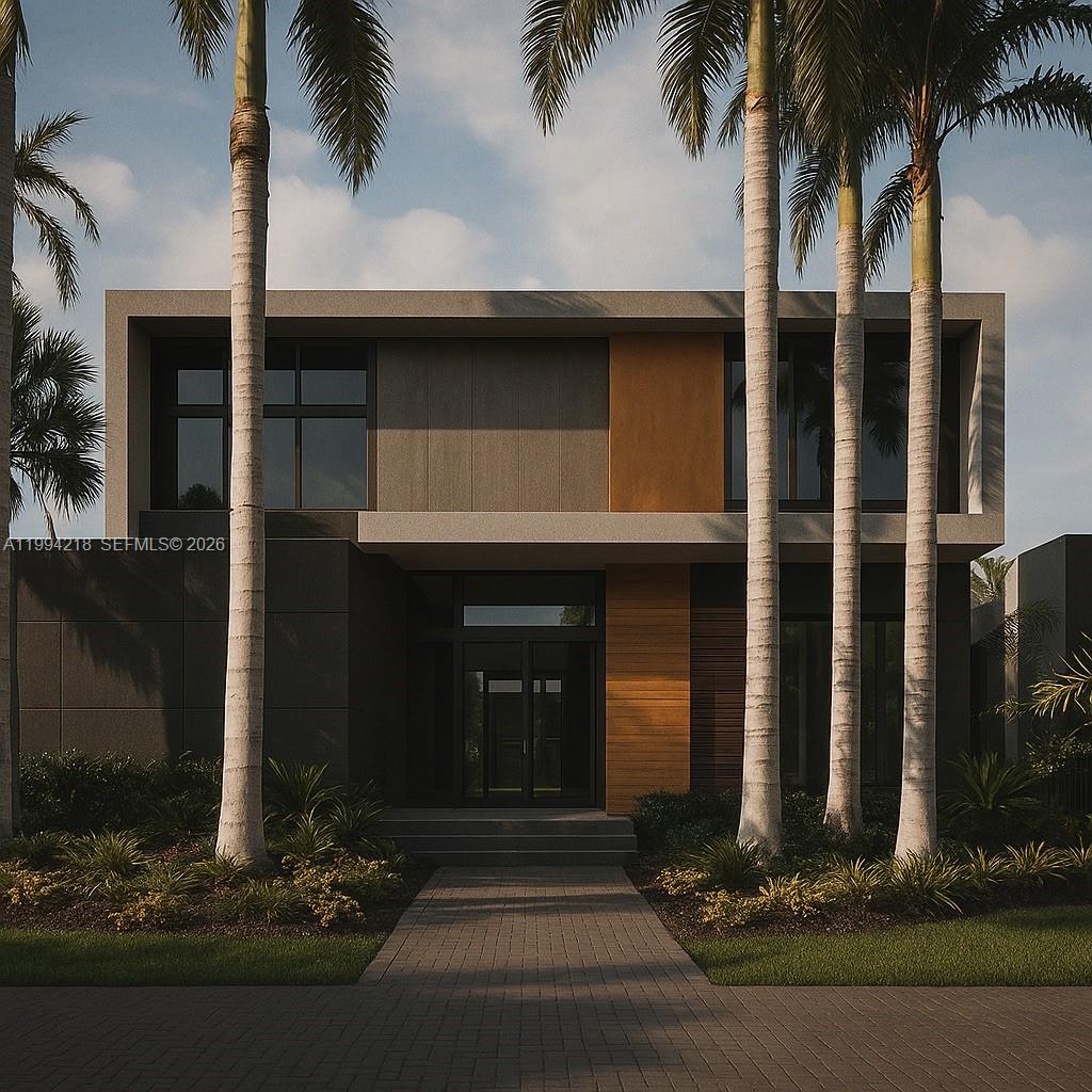 A rendering of a modern two-story house with palm trees and a paved walkway — 1018 S Northlake Dr, Hollywood FL 33019, HOLLYWOOD, FL