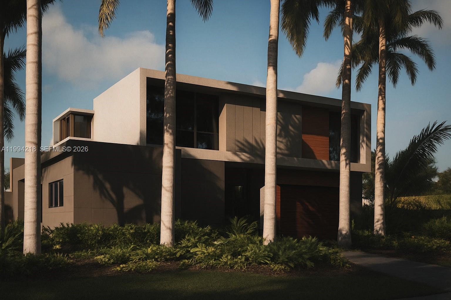 This is a rendering of a modern two-story house with palm trees and landscaping — 1018 S Northlake Dr, Hollywood FL 33019, HOLLYWOOD, FL