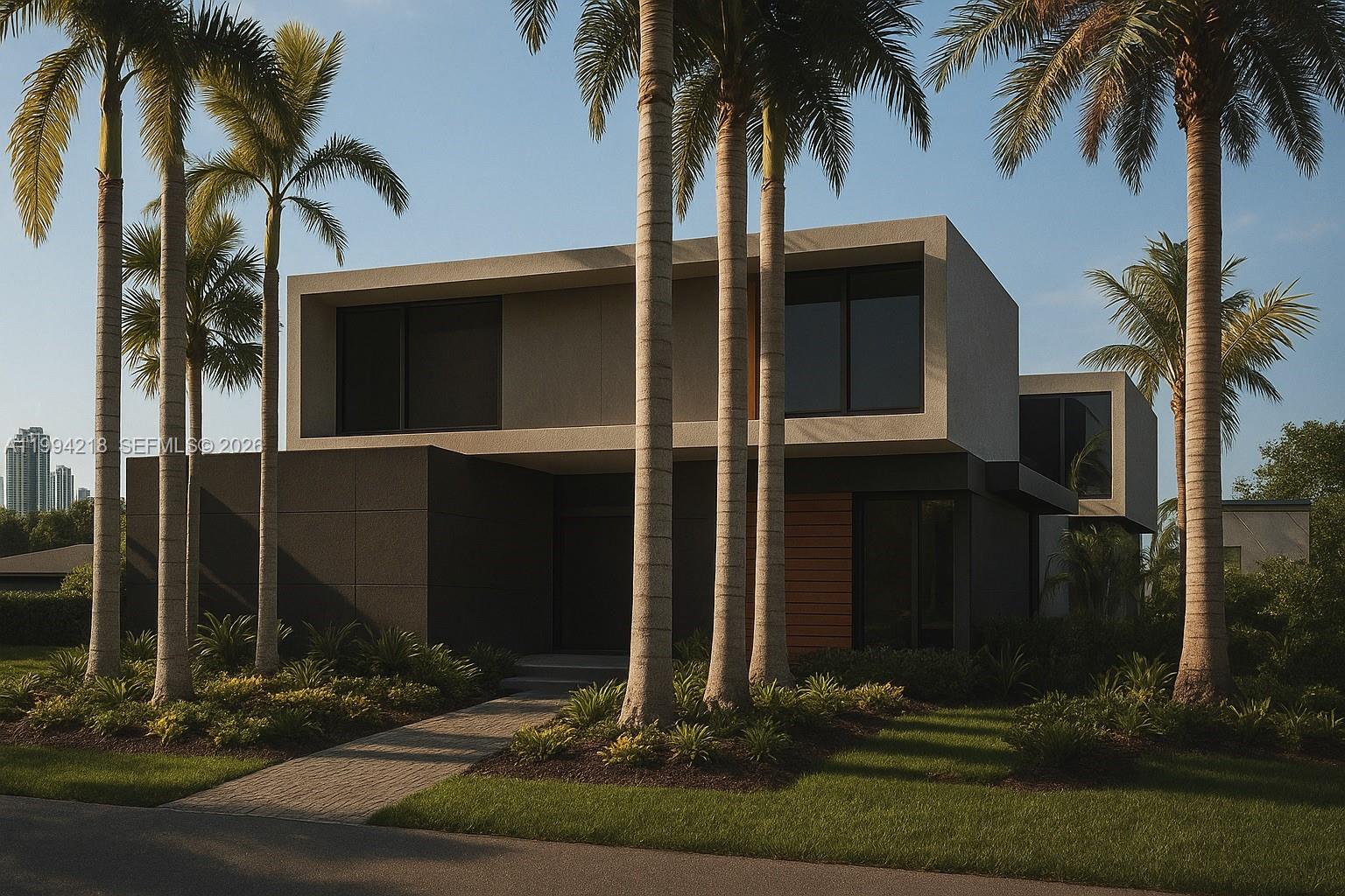 A rendering of a modern two-story house with a dark facade and surrounding palm trees — 1018 S Northlake Dr, Hollywood FL 33019, HOLLYWOOD, FL