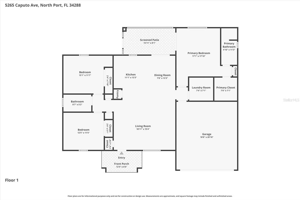 This is a floor plan for a single-story house featuring three bedrooms and a garage — 5265 CAPUTO AVENUE, NORTH PORT, FL