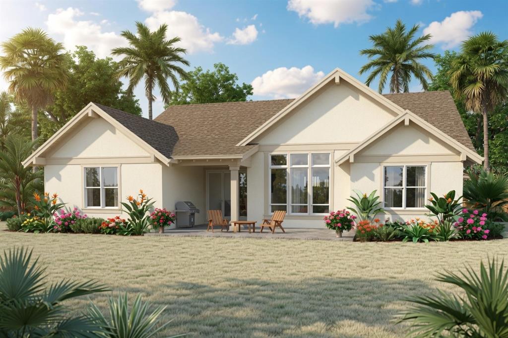 This is a rendering of the rear exterior of a single-story house with a patio — 12068 KARNEY AVENUE, PORT CHARLOTTE, FL