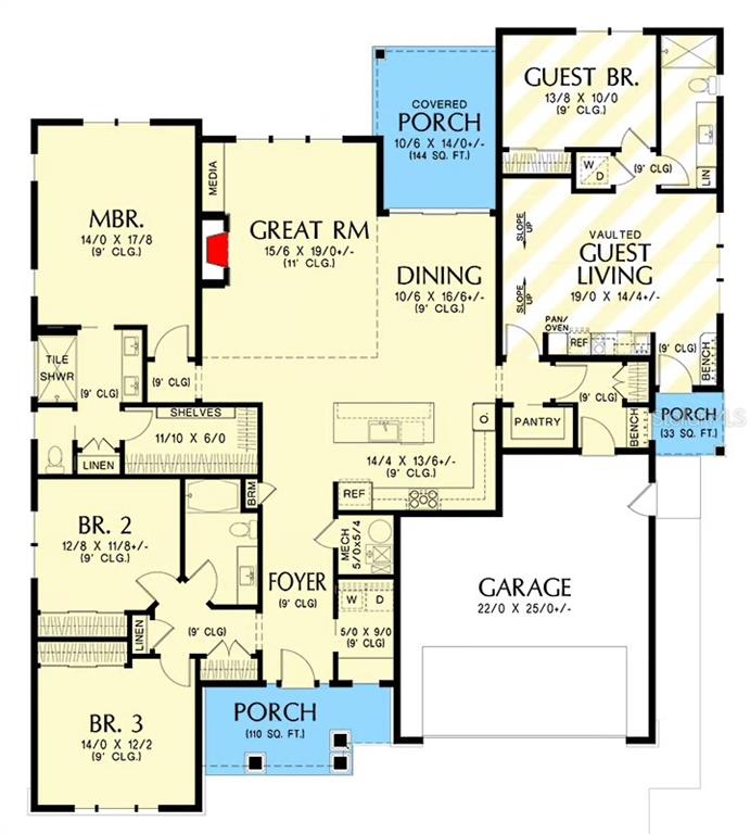 This is a floor plan for a single-story house featuring three bedrooms, a garage, and porches — 12068 KARNEY AVENUE, PORT CHARLOTTE, FL