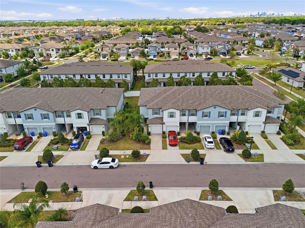 An aerial view shows multiple rows of suburban townhouses with driveways and parked cars — 4540 GLOBE THISTLE DRIVE, TAMPA, FL