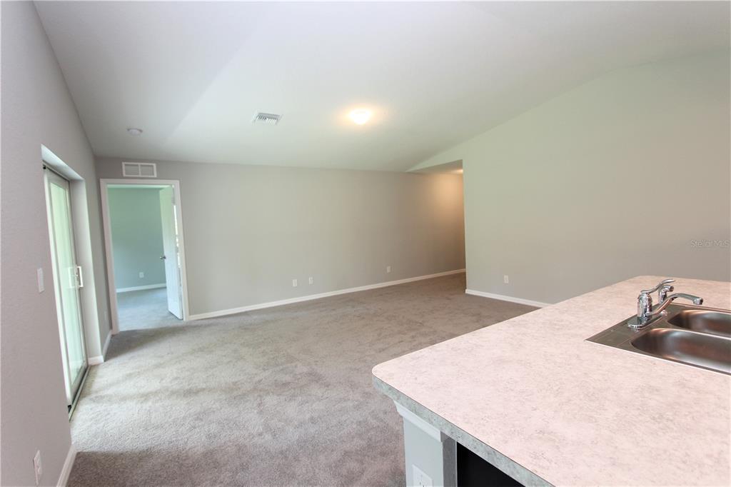 A carpeted living area connects to a kitchen with a stainless steel sink and countertop — 154 AUSTRALIAN DRIVE, ROTONDA WEST, FL