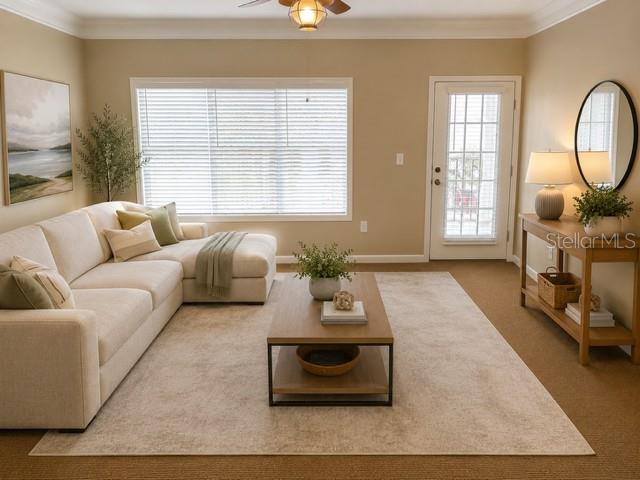 A living room features a beige sectional sofa, a wooden coffee table, and a console table — 4802 51ST STREET W UNIT 1805, BRADENTON, FL