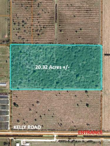 An aerial map shows a rectangular 20.32-acre plot of land bordering Kelly Road — Kelly Road, Fort Pierce FL 34945, FORT PIERCE, FL