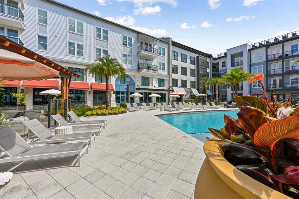 A swimming pool area with lounge chairs, palm trees, and multi-story apartment buildings — 1464 LAUREL SOUND LANE UNIT A2, SANFORD, FL