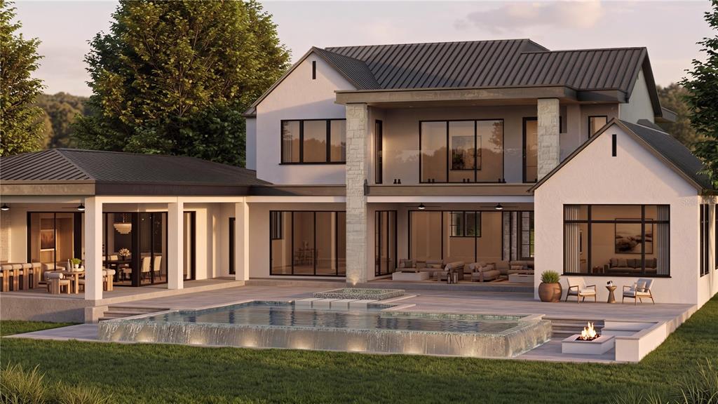 This is a rendering of a modern two-story house with a pool and patio area — 9108 SHEEN SOUND STREET, ORLANDO, FL