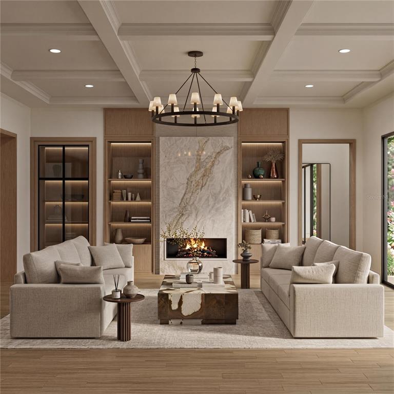 This is a rendering of a living room featuring a fireplace, built-in shelving, and sofas — 9108 SHEEN SOUND STREET, ORLANDO, FL