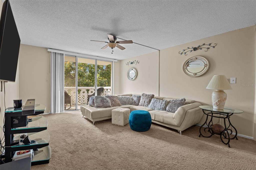 A living room features beige carpet, a large sectional sofa, and a sliding glass door — 1009 PEARCE DRIVE UNIT 206, CLEARWATER, FL