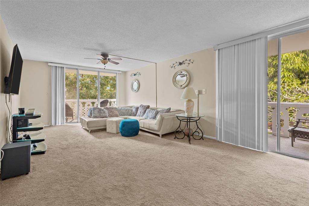 A carpeted living room features a sectional sofa, a ceiling fan, and sliding glass balcony doors — 1009 PEARCE DRIVE UNIT 206, CLEARWATER, FL