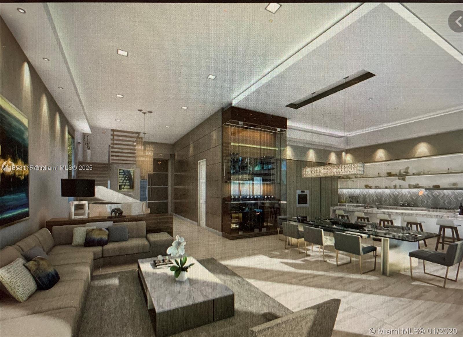 This rendering shows an open-concept living and dining area with a glass-enclosed wine cellar — 5709 NW 5th Ct, Miami FL 33127, MIAMI, FL