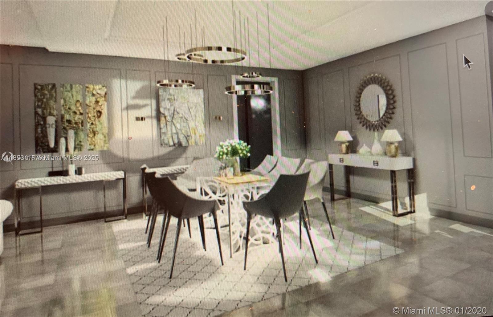 This rendering shows a formal dining room with gray paneled walls and a modern chandelier — 5709 NW 5th Ct, Miami FL 33127, MIAMI, FL