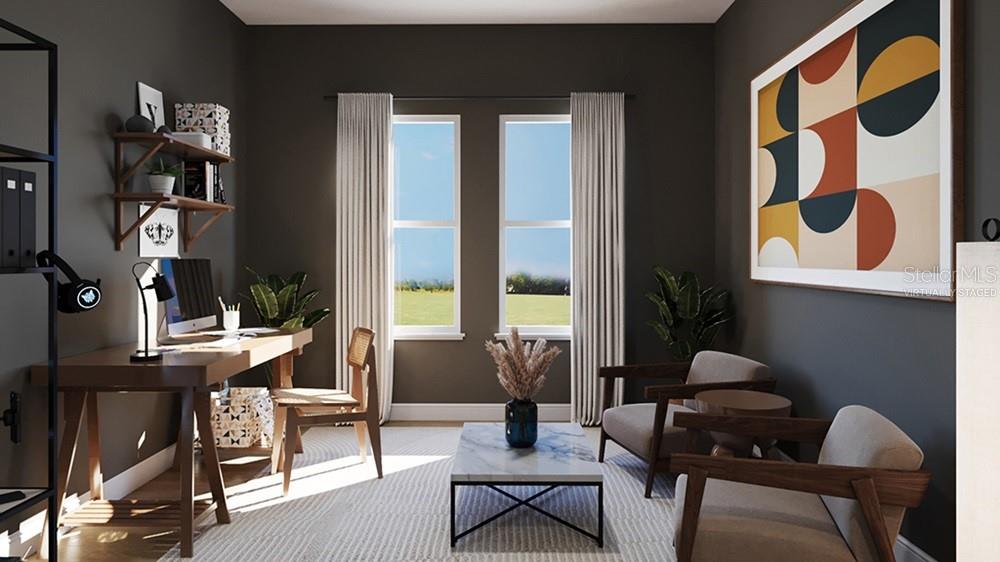 This is a digitally staged home office featuring a desk, two armchairs, and a coffee table — 26431 ARGUS PLACE, PUNTA GORDA, FL