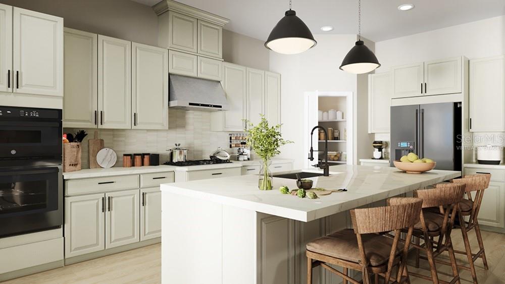 This is a rendering of a modern kitchen featuring light cabinetry, a large island, and appliances — 26431 ARGUS PLACE, PUNTA GORDA, FL