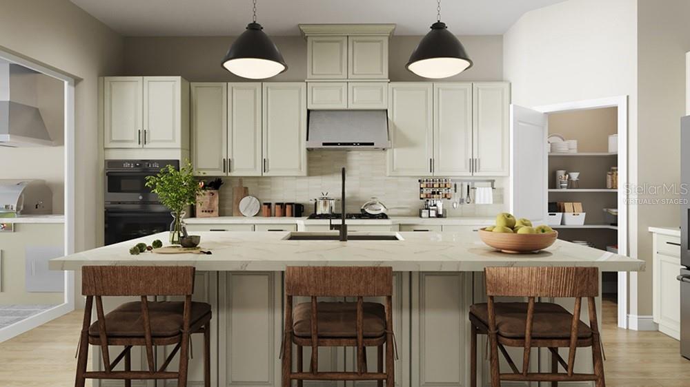 This is a rendering of a kitchen featuring a large island, light cabinetry, and pendant lighting — 26431 ARGUS PLACE, PUNTA GORDA, FL