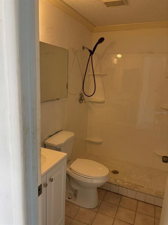 A bathroom features a white vanity, a toilet, and a walk-in shower with white walls — 4923 GETNER STREET, NEW PORT RICHEY, FL