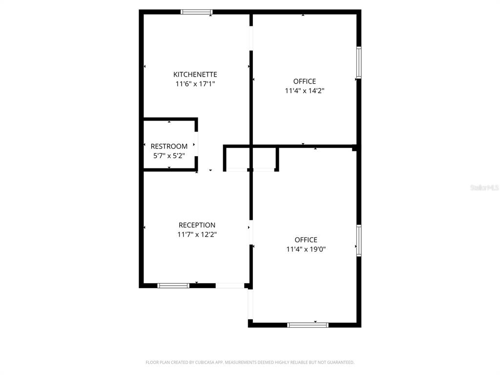 This is a floor plan showing a reception area, kitchenette, restroom, and two offices — 550 BALMORAL CIRCLE N UNIT 301/302, JACKSONVILLE, FL