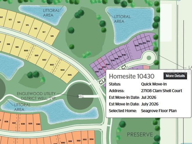 This is a digital map showing residential homesites, a cul-de-sac, and surrounding littoral areas — 27108 CLAM SHELL COURT, ENGLEWOOD, FL