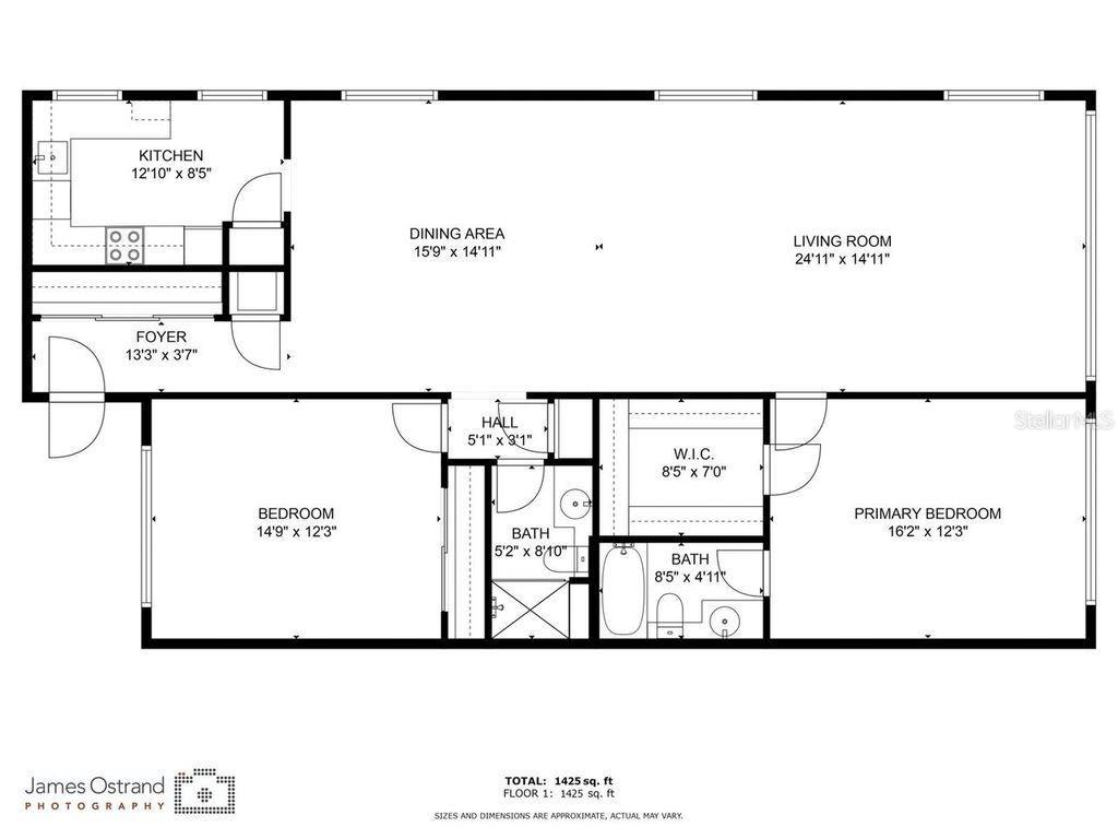 This is a floor plan for a home with two bedrooms, two bathrooms, and an open-concept living area — 6161 GULF WINDS DRIVE UNIT 338, ST PETE BEACH, FL