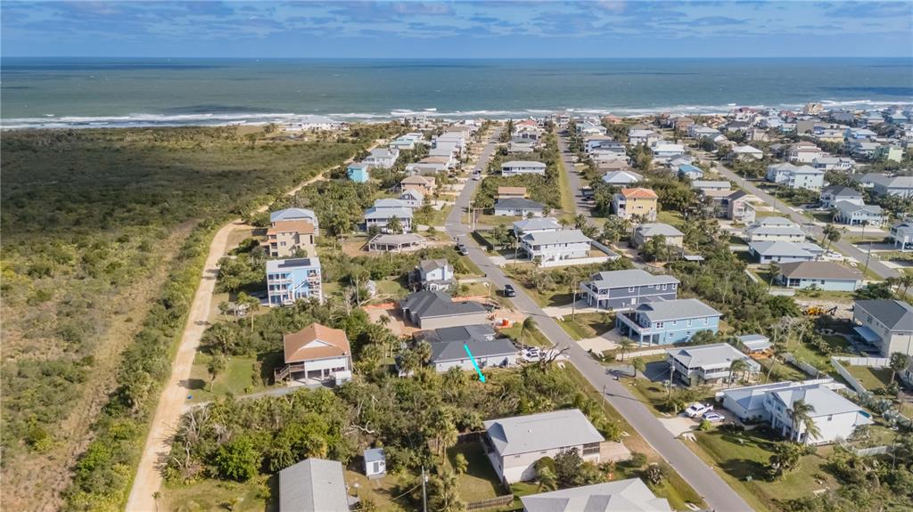 An aerial view shows a coastal neighborhood with houses, vegetation, and a blue arrow marker — 15 OCEAN STREET, PALM COAST, FL