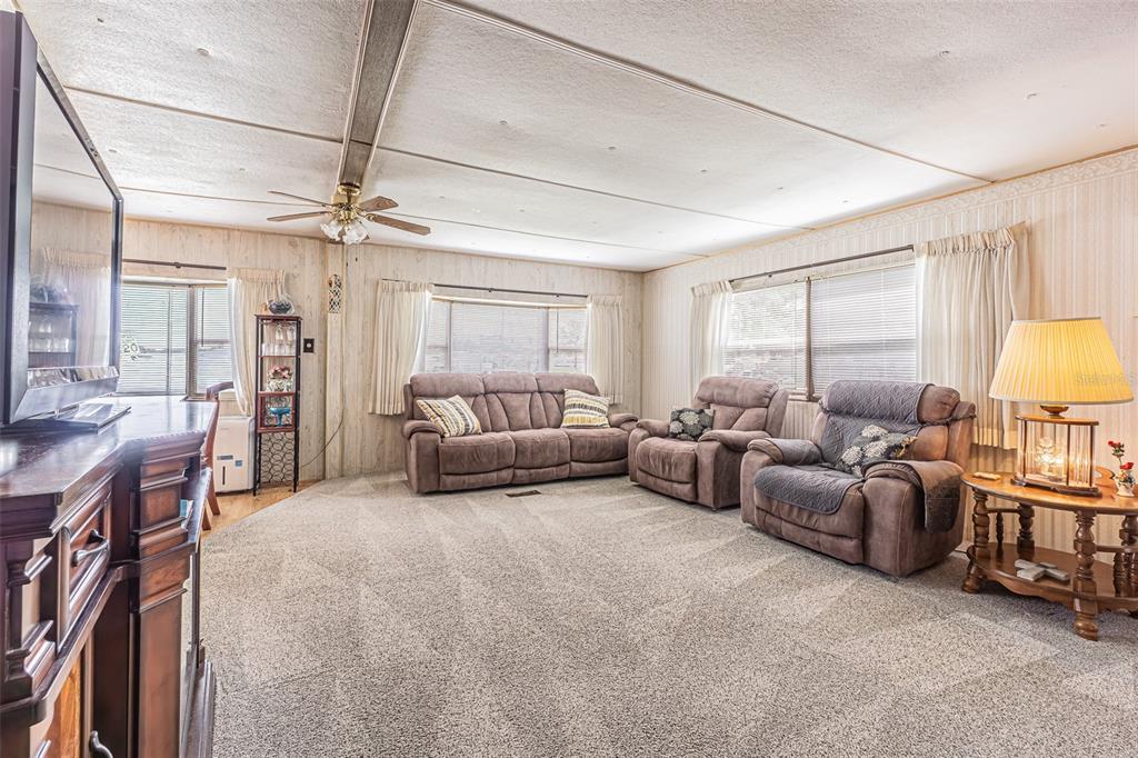 A living room features beige carpet, wood-paneled walls, a ceiling fan, and brown upholstered furniture — 37544 ATTICA AVENUE, ZEPHYRHILLS, FL