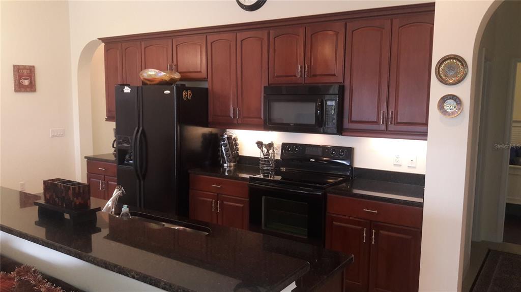 A kitchen features dark wood cabinets, black appliances, and black granite countertops — 106 LERIDA COURT, NOKOMIS, FL