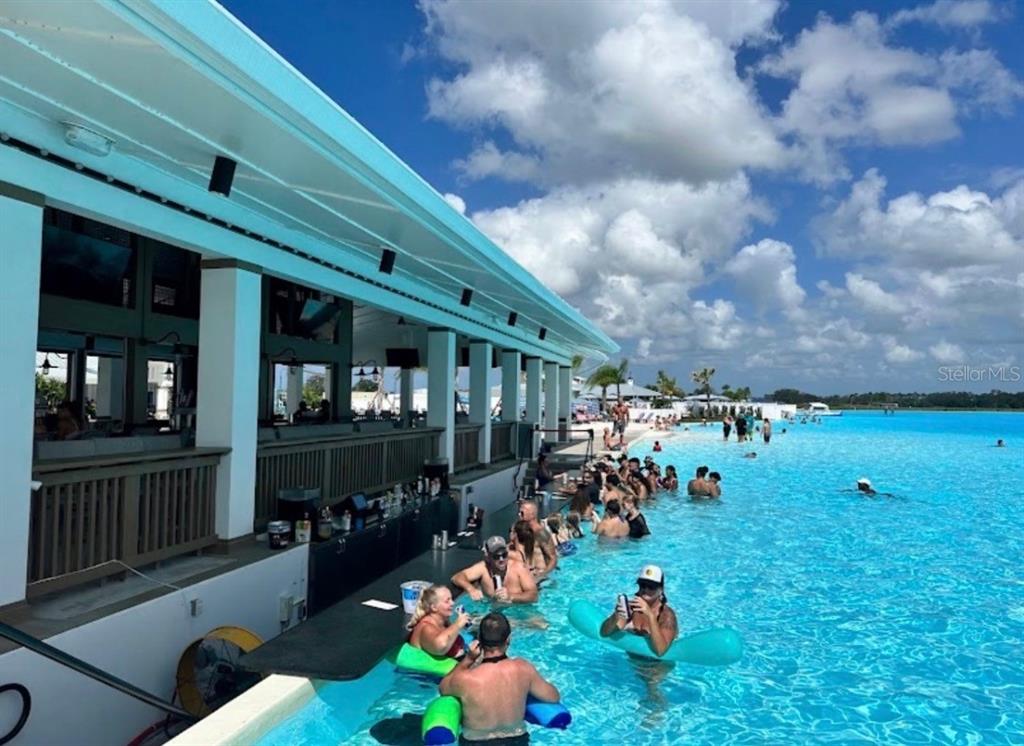 People swim and socialize at a swim-up bar in a large, bright blue lagoon pool — 10308 FIELDSTONE MYRTLE WAY, SAN ANTONIO, FL