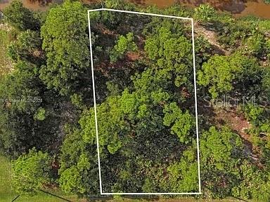 An aerial view shows a rectangular, tree-covered vacant lot outlined in white — 27369 N TWIN LAKES DRIVE, PUNTA GORDA, FL