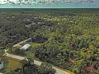 An aerial view shows a house situated on a wooded lot near a paved road — 27369 N TWIN LAKES DRIVE, PUNTA GORDA, FL