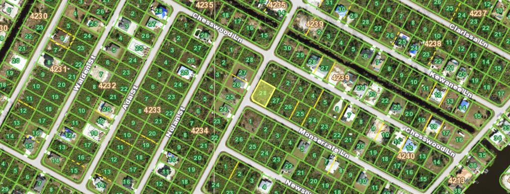 This is a satellite map showing residential lots and street layouts in a suburban neighborhood — 14024 MONSERRATE LANE, PORT CHARLOTTE, FL