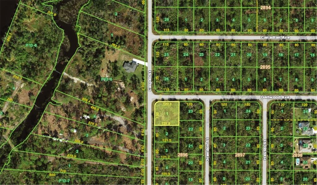 This is a satellite map showing residential land parcels and street layouts — 1228 CASPER STREET, PORT CHARLOTTE, FL