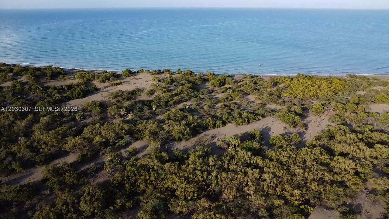 An aerial view shows a sandy coastal landscape with scattered trees bordering the ocean — Hwy 510, NA, NA