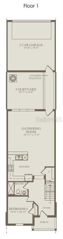 This floor plan shows the first level of a home with a garage, courtyard, and kitchen — 10130 HADLEY STREET, ORLANDO, FL
