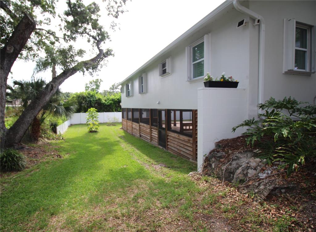 A white house exterior features a screened-in porch, a grassy yard, and a large tree — 2436 NAVAREZ AVENUE, SAFETY HARBOR, FL