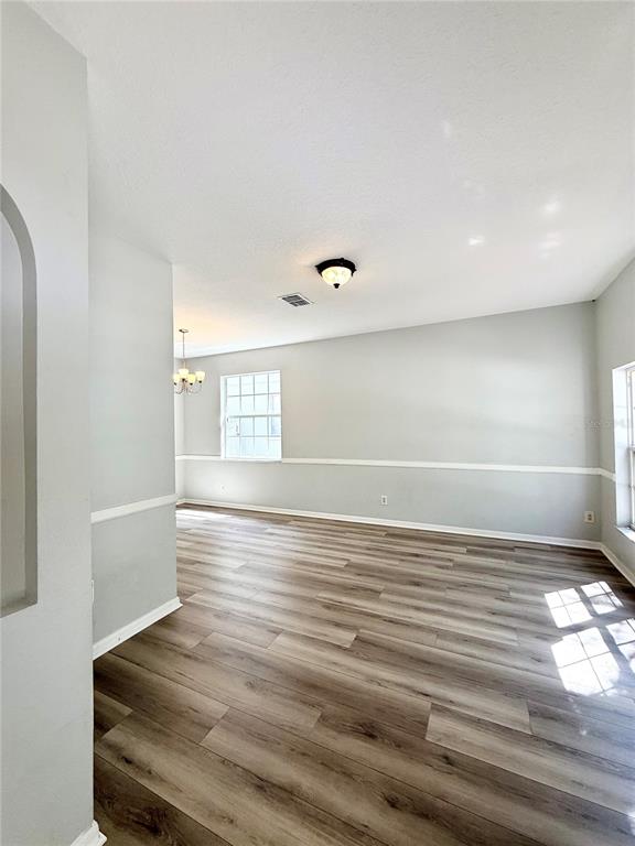 An empty room features light gray walls, white trim, and wood-look laminate flooring — 20216 STILL WIND DRIVE, TAMPA, FL