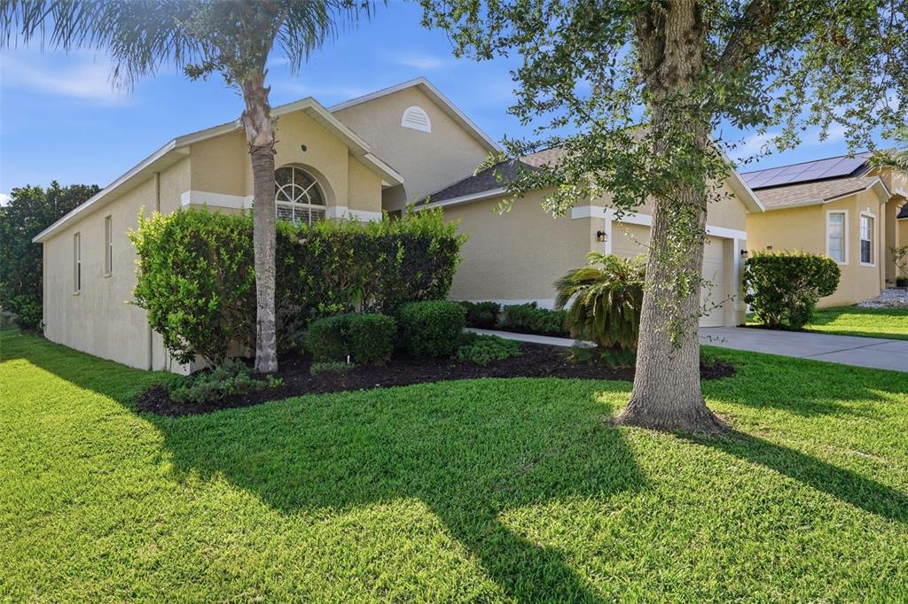 A single-story suburban house with a tan exterior, a two-car garage, and a large tree — 7912 MERCHANTVILLE CIRCLE, ZEPHYRHILLS, FL