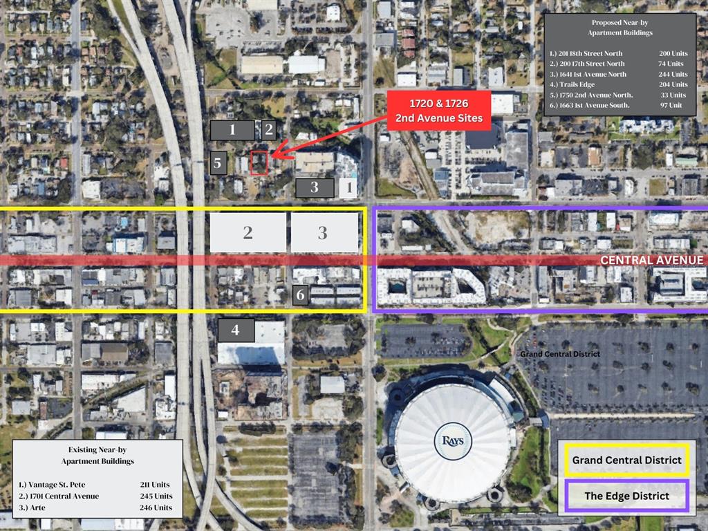 An aerial map shows proposed and existing apartment buildings near Central Avenue and a stadium — 1720 2ND AVENUE N, ST PETERSBURG, FL