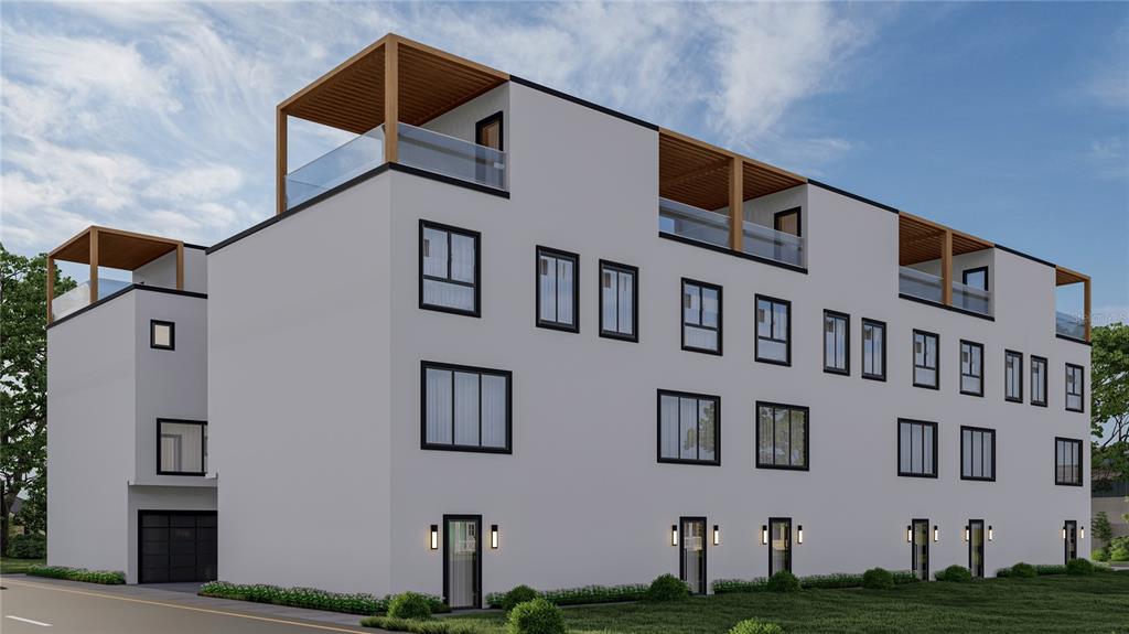 This is a digital rendering of a modern, multi-story townhouse with a flat roof and balconies — 1720 2ND AVENUE N, ST PETERSBURG, FL
